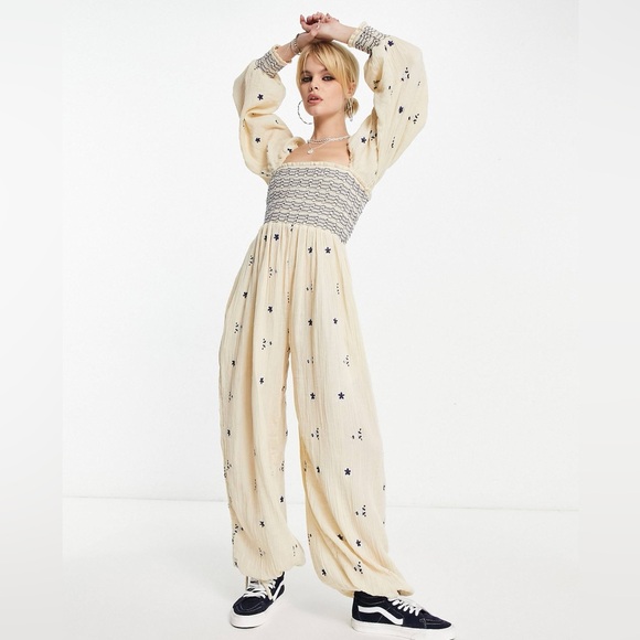 Free People Pants - Free People Dahlia Smocked Wide Balloon Leg Jumpsuit Ecru Boho Embroidered XL